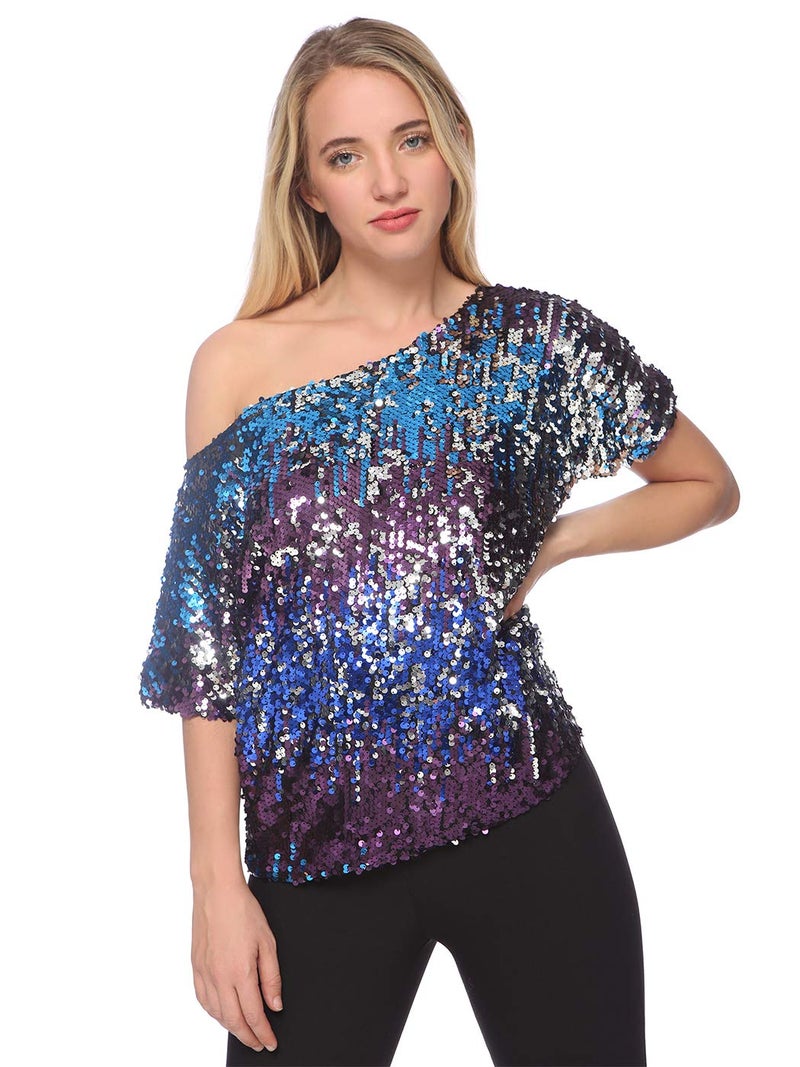 Anna-Kaci Womens Short Sleeve One Shoulder Sparkly Glitter Sequin Top Shirt Blouse, Midnight, Large - Image 3
